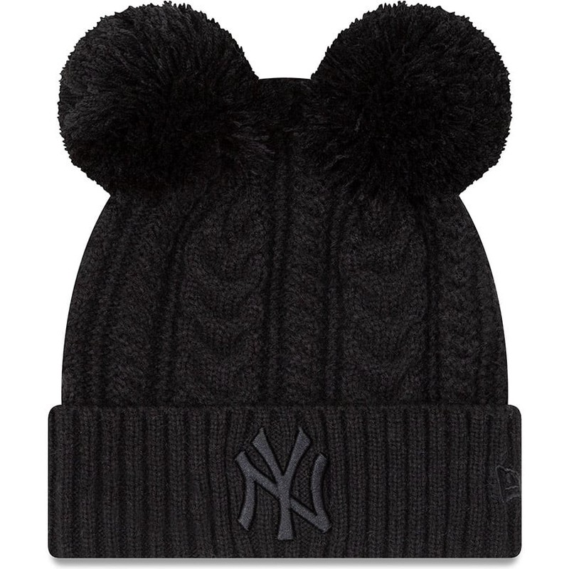 bonnet-noir-avec-pompom-avec-logo-noir-pour-femme-cuff-double-new-york-yankees-mlb-new-era