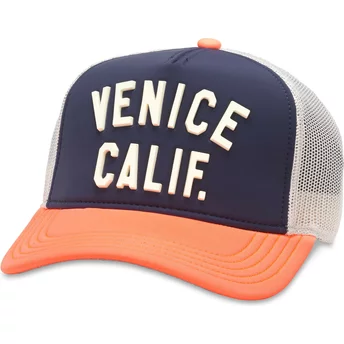 Casquette trucker bleue marine, blanche et orange snapback Venice Beach California Riptide Valin American Needle