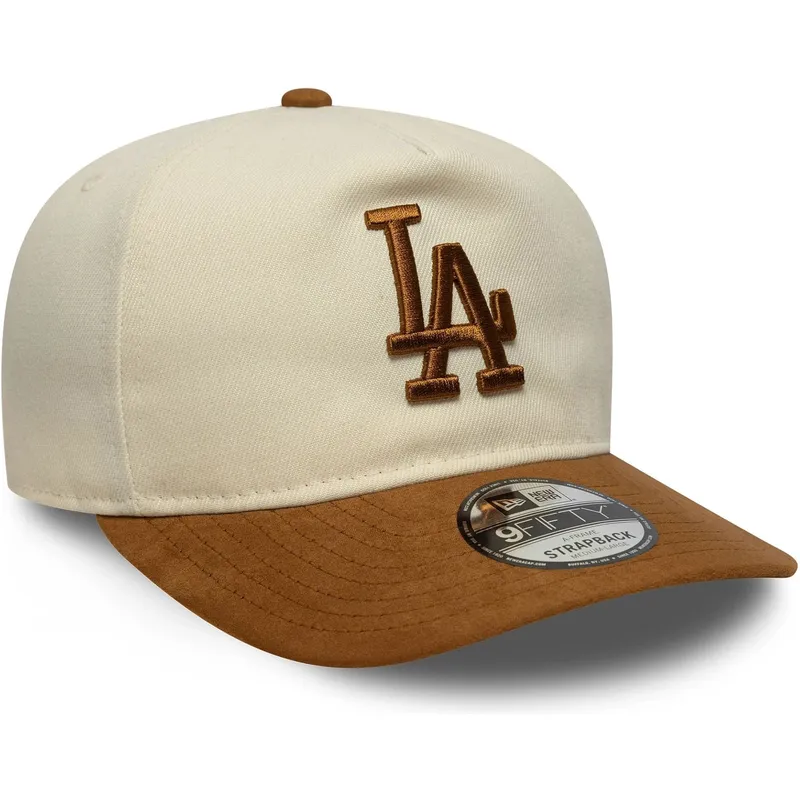 casquette-courbee-beige-et-marron-ajustable-9fifty-a-frame-suede-visor-los-angeles-dodgers-mlb-new-era