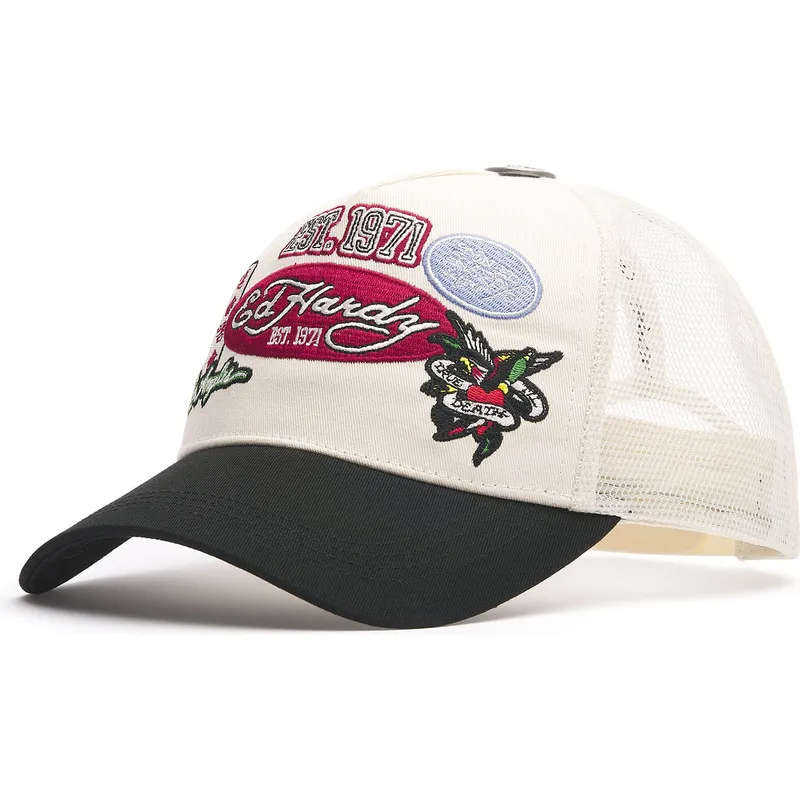 casquette-trucker-beige-et-noire-est-1971-varsity-badge-ed-hardy