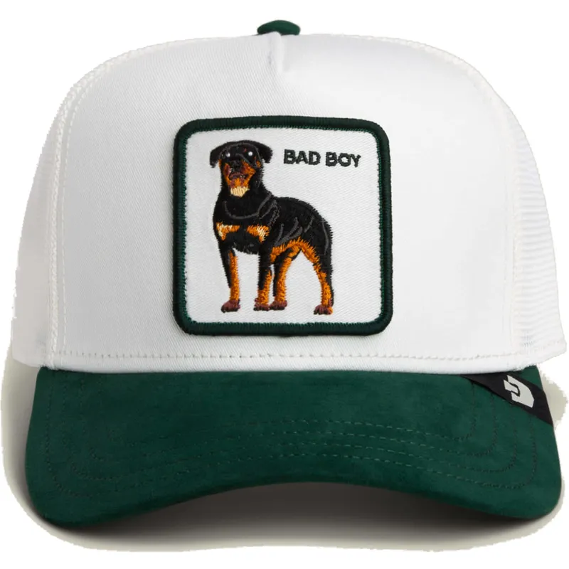 casquette-trucker-blanche-et-verte-chien-rottweiler-microsuede-bad-boy-the-farm-goorin-bros