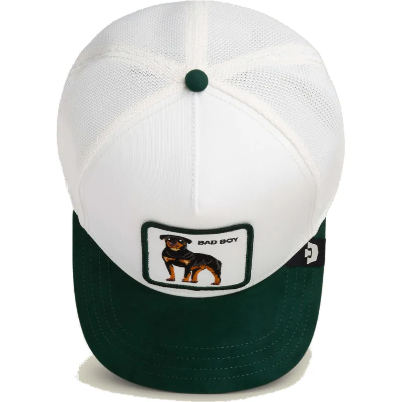 casquette-trucker-blanche-et-verte-chien-rottweiler-microsuede-bad-boy-the-farm-goorin-bros