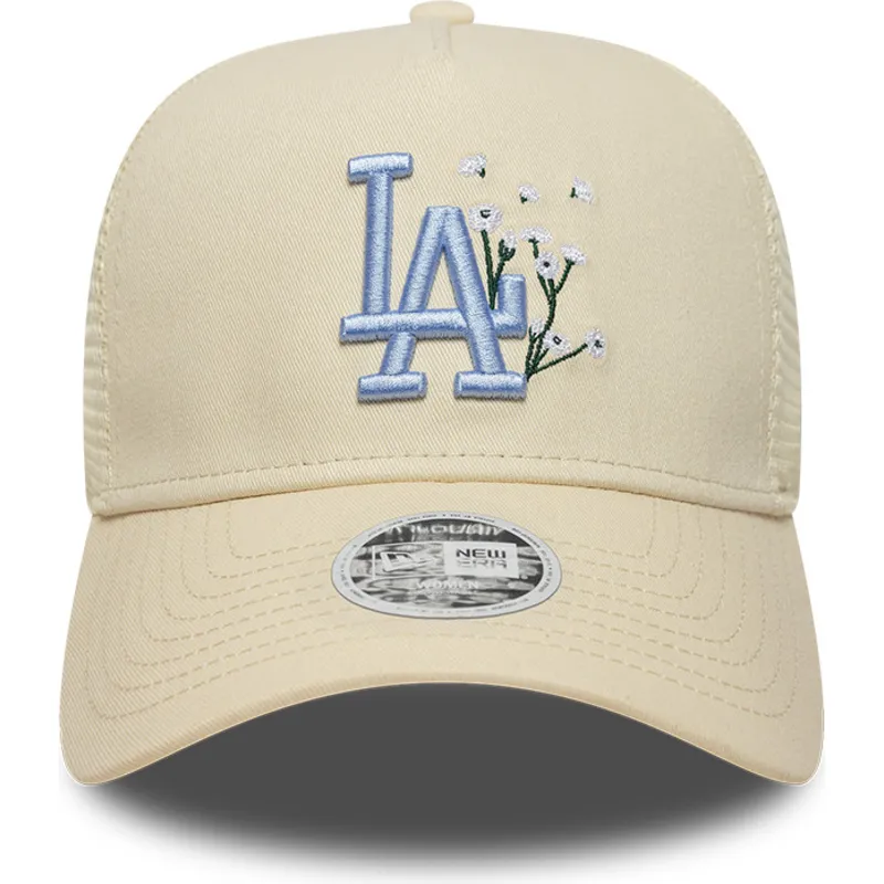 casquette-trucker-beige-avec-logo-bleu-pour-femme-9forty-a-frame-floral-los-angeles-dodgers-mlb-new-era