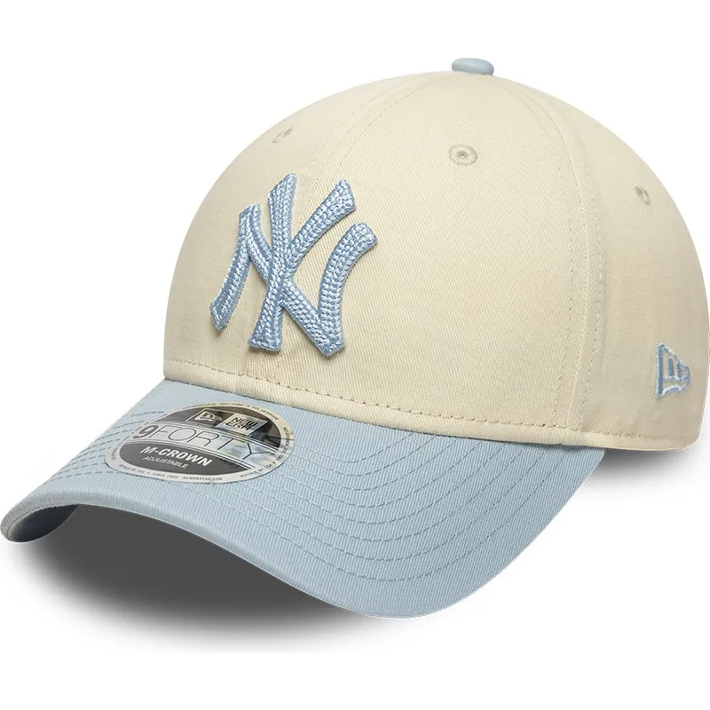 casquette-courbee-beige-et-bleue-snapback-avec-logo-bleu-9forty-m-crown-side-script-new-york-yankees-mlb-new-era