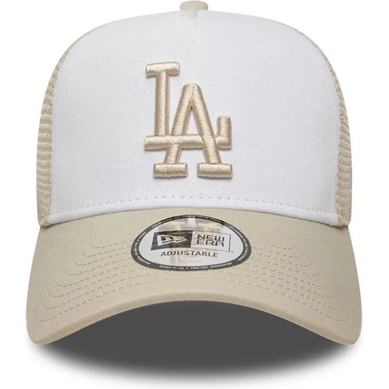 casquette-trucker-beige-et-blanche-avec-logo-beige-a-frame-league-essential-los-angeles-dodgers-mlb-new-era