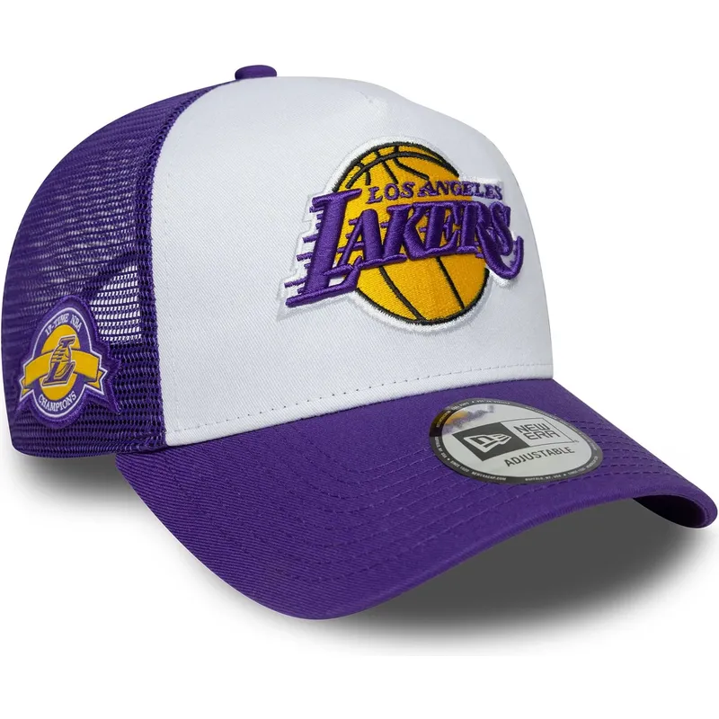 casquette-trucker-violette-et-blanche-a-frame-side-patch-los-angeles-lakers-nba-new-era