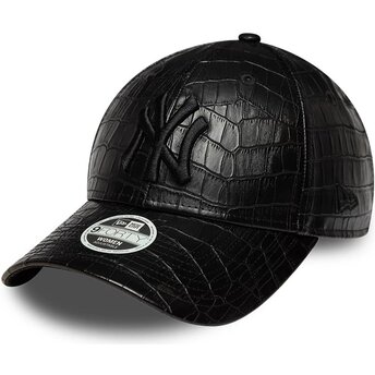 Casquette courbée noire ajustable pour femme avec logo noir 9FORTY PU Pattern New York Yankees MLB New Era