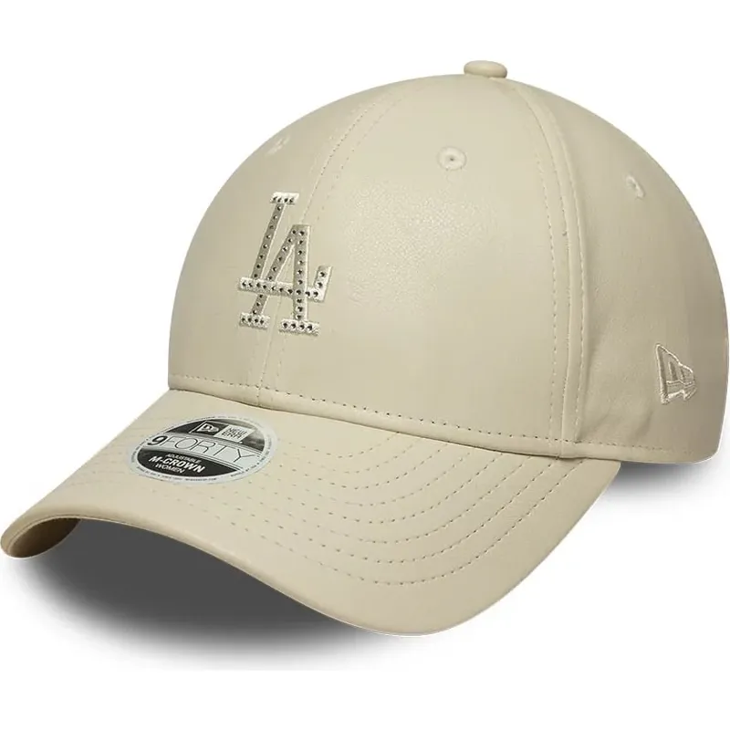 casquette-courbee-beige-snapback-pour-femme-avec-logo-beige-9forty-m-crown-pu-diamante-los-angeles-dodgers-mlb-new-era