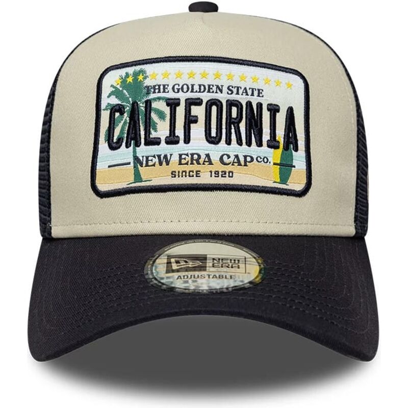 casquette-trucker-beige-et-bleue-marine-a-frame-license-plate-california-new-era