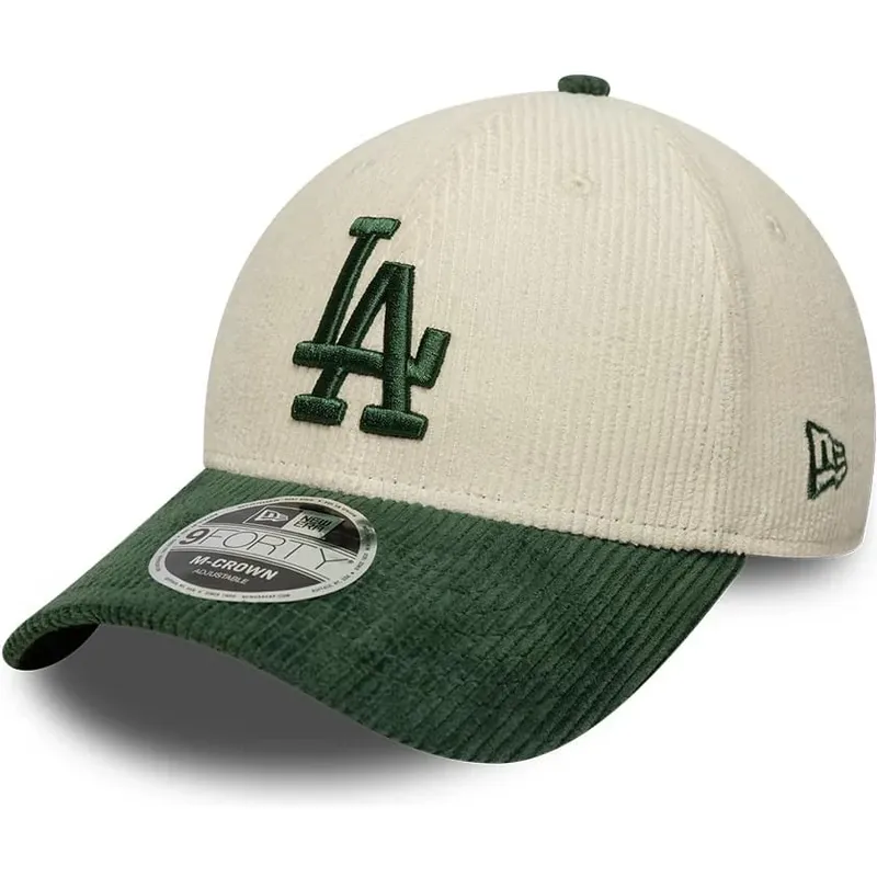 casquette-courbee-beige-et-verte-snapback-avec-logo-vert-9forty-m-crown-cord-los-angeles-dodgers-mlb-new-era