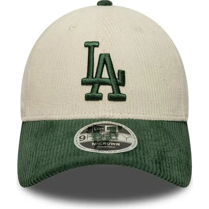 casquette-courbee-beige-et-verte-snapback-avec-logo-vert-9forty-m-crown-cord-los-angeles-dodgers-mlb-new-era