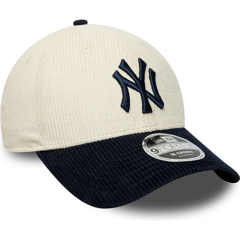 casquette-courbee-beige-et-bleue-marine-ajustable-avec-logo-bleu-marine-9forty-m-crown-cord-new-york-yankees-mlb-new-era