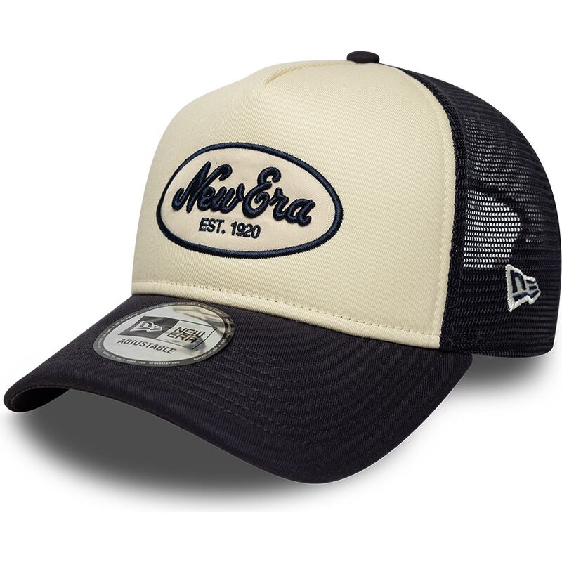 casquette-trucker-bleue-marine-et-beige-a-frame-oval-foam-patch-new-era casquette-trucker-bleue-marine-et-beige-a-frame-oval-foam-patch-new-era