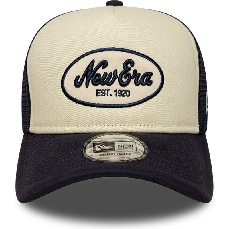 casquette-trucker-bleue-marine-et-beige-a-frame-oval-foam-patch-new-era casquette-trucker-bleue-marine-et-beige-a-frame-oval-foam-patch-new-era