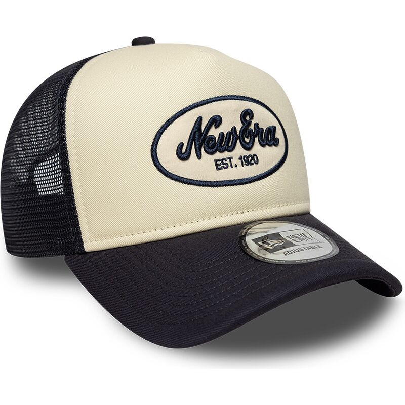 casquette-trucker-bleue-marine-et-beige-a-frame-oval-foam-patch-new-era casquette-trucker-bleue-marine-et-beige-a-frame-oval-foam-patch-new-era