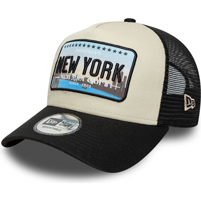casquette-trucker-noire-et-beige-a-frame-license-plate-new-york-new-era