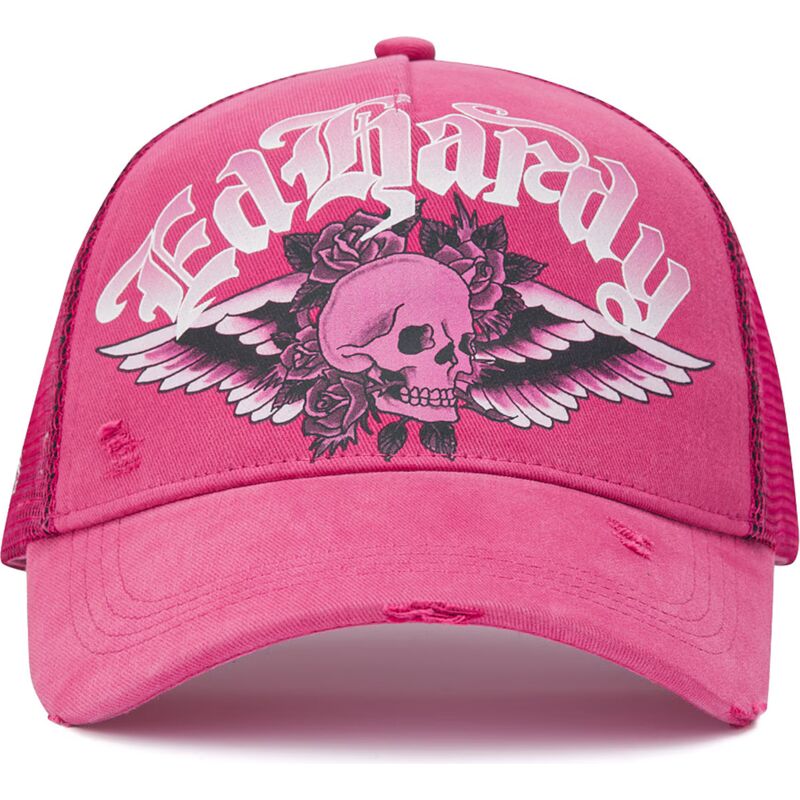 casquette-trucker-rose-flaming-gothic-skull-washed-ed-hardy