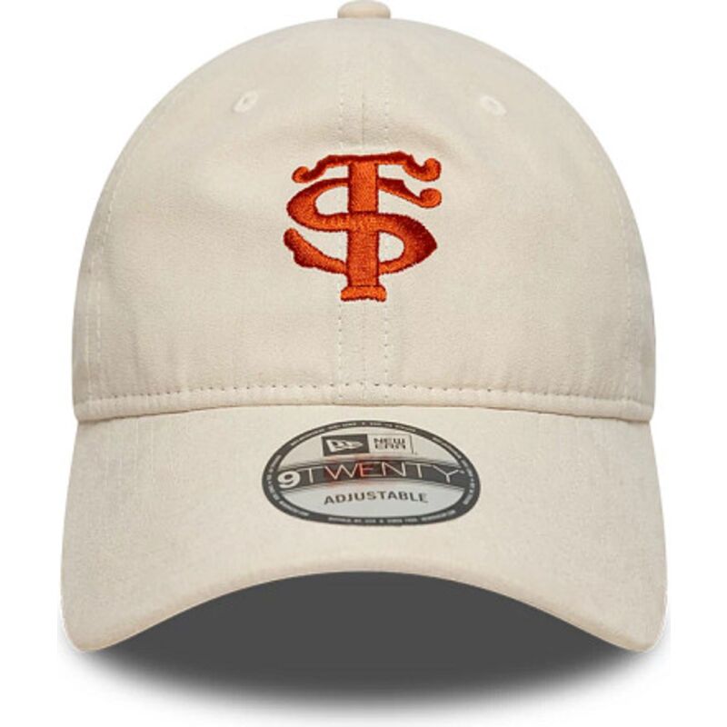 casquette-courbee-beige-ajustable-avec-logo-rouge-9twenty-faux-suede-stade-toulousain-top-14-new-era
