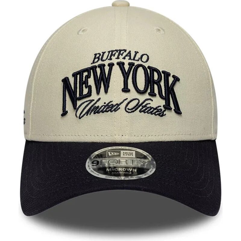 casquette-courbee-beige-et-bleue-marine-ajustable-9forty-m-crown-wordmark-buffalo-new-york-new-era