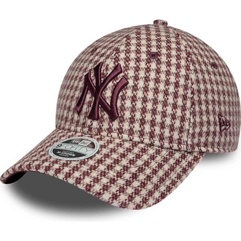 casquette-courbee-grenat-et-beige-ajustable-pour-femme-avec-logo-grenat-9forty-m-crown-houndstooth-new-york-yankees-mlb-new-era