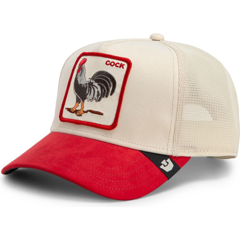 casquette-trucker-rouge-et-beige-coq-the-suede-rooster-microsuede-cock-the-farm-goorin-bros